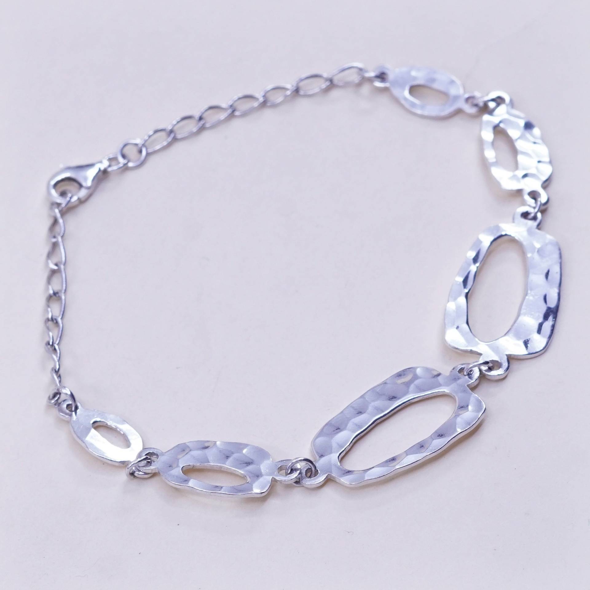 7.75", Vintage Sterling Silber Charm Armband, 925 Gehämmert Strukturiert Kreis Kette, Gestempelt von HerasJewel