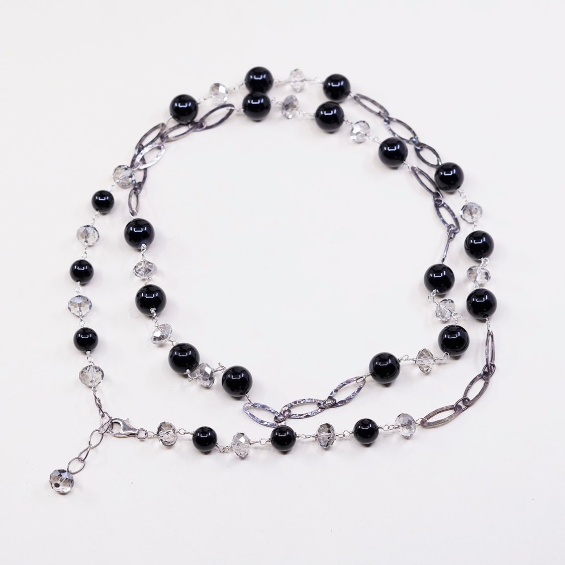 85 cm Lange Vintage Pullover Sterling Silber Halskette, 925 Flach Ovale Kette Mit Obsidian Perlen, Gestempelt von HerasJewel