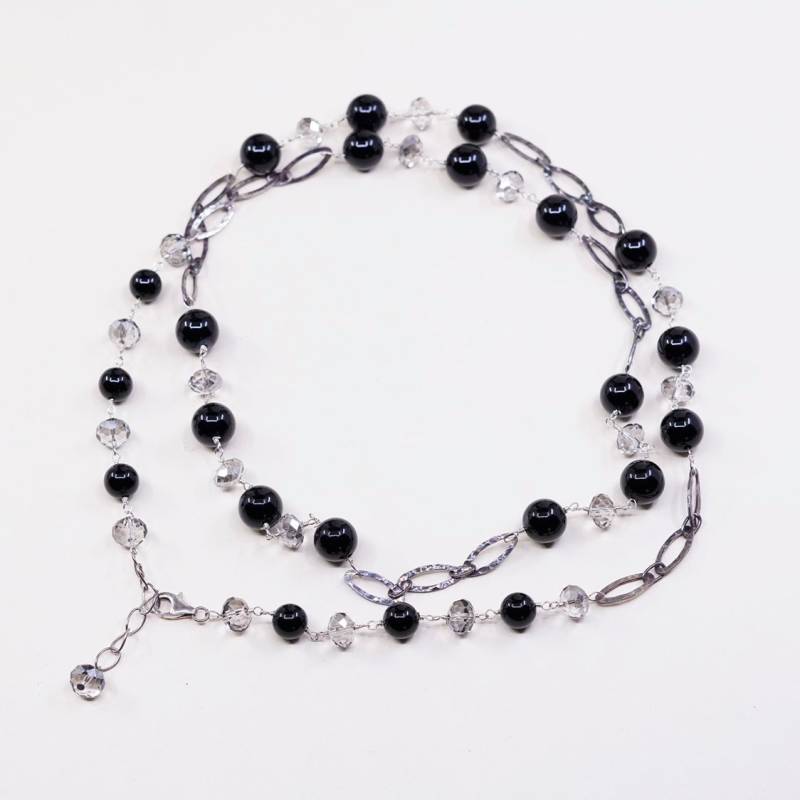 85 cm Lange Vintage Pullover Sterling Silber Halskette, 925 Flach Ovale Kette Mit Obsidian Perlen, Gestempelt von HerasJewel