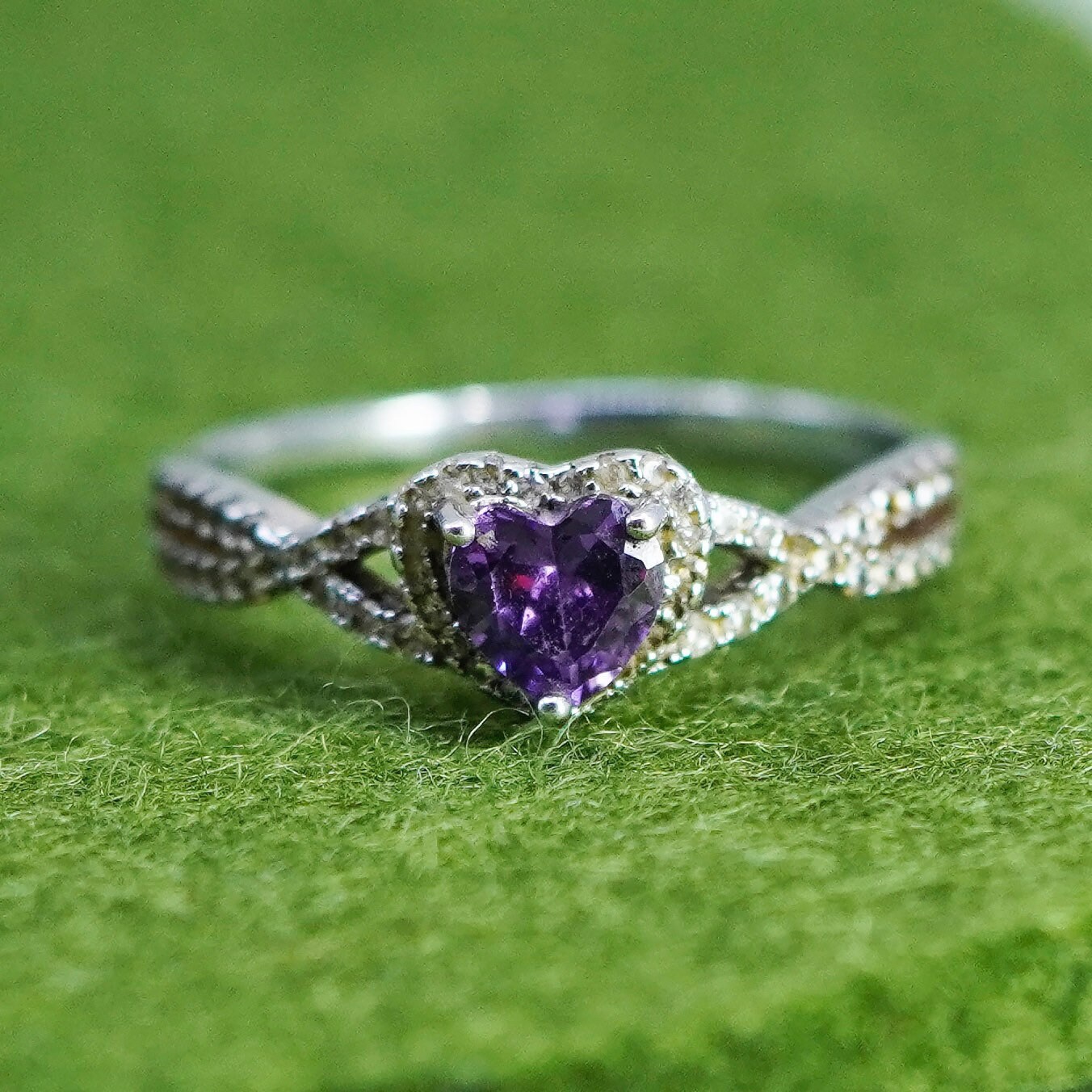 Größe 10, Vintage Sterling 925 Silber Handgemachter Stapelring Mit Amethyst Herz Und Cz, Gestempelt von HerasJewel