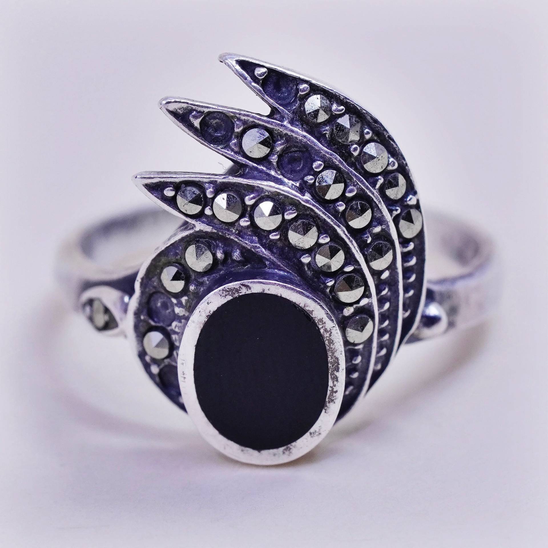 Größe 6, Vintage Sterling 925 Silber Handarbeit Ring Mit Obsidian Und Markasite, Gestempelt von HerasJewel