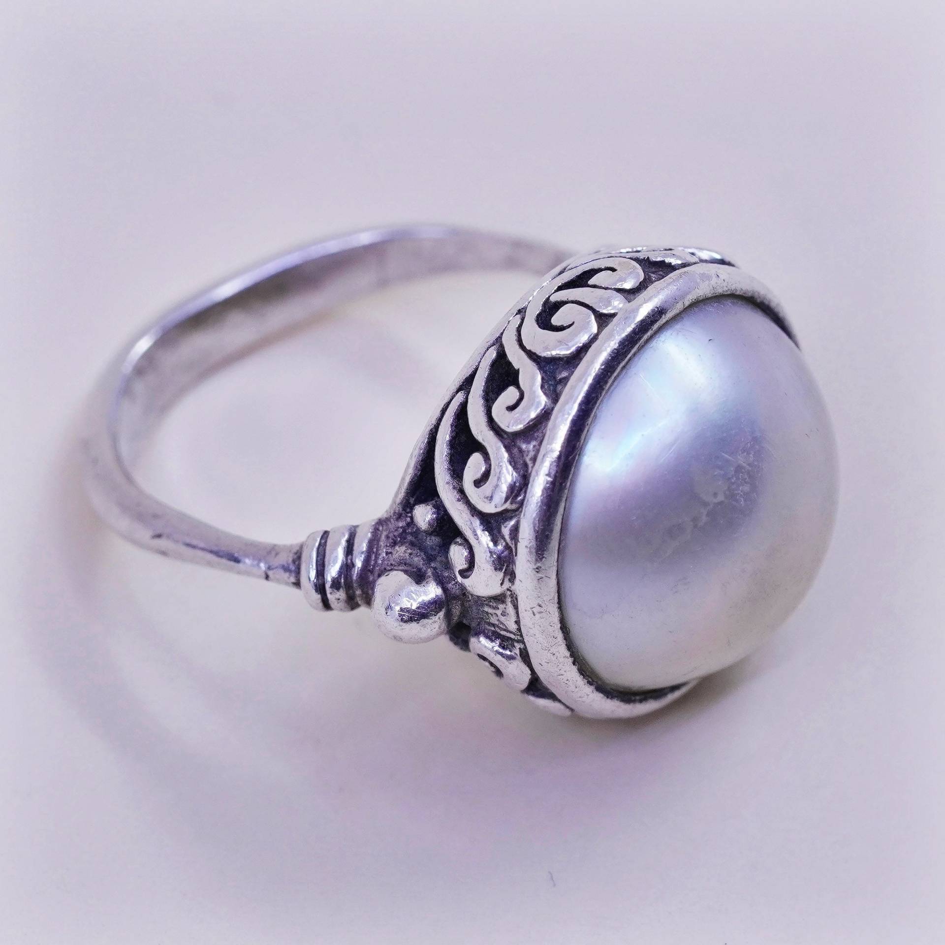 Größe 6, Vintage Sterling Silber Handarbeit Ring, Modernes 925 Band Mit Perle, Gestempelt von HerasJewel