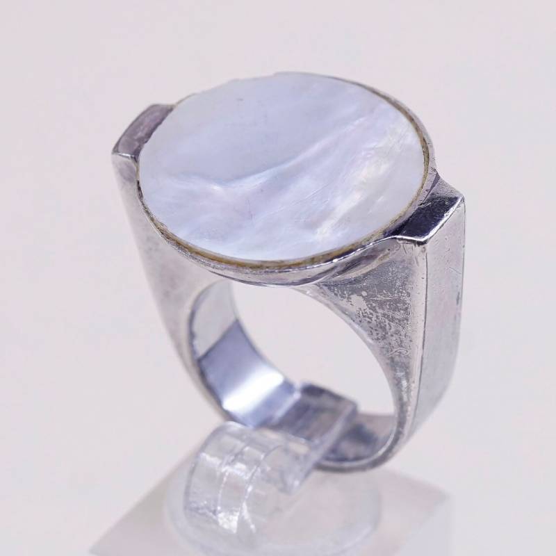 Größe 6, Vintage Sterling Silber Ring Mit Runder Perlmutteinlage, Moderner 925 Cocktailring, Gestempelt von HerasJewel