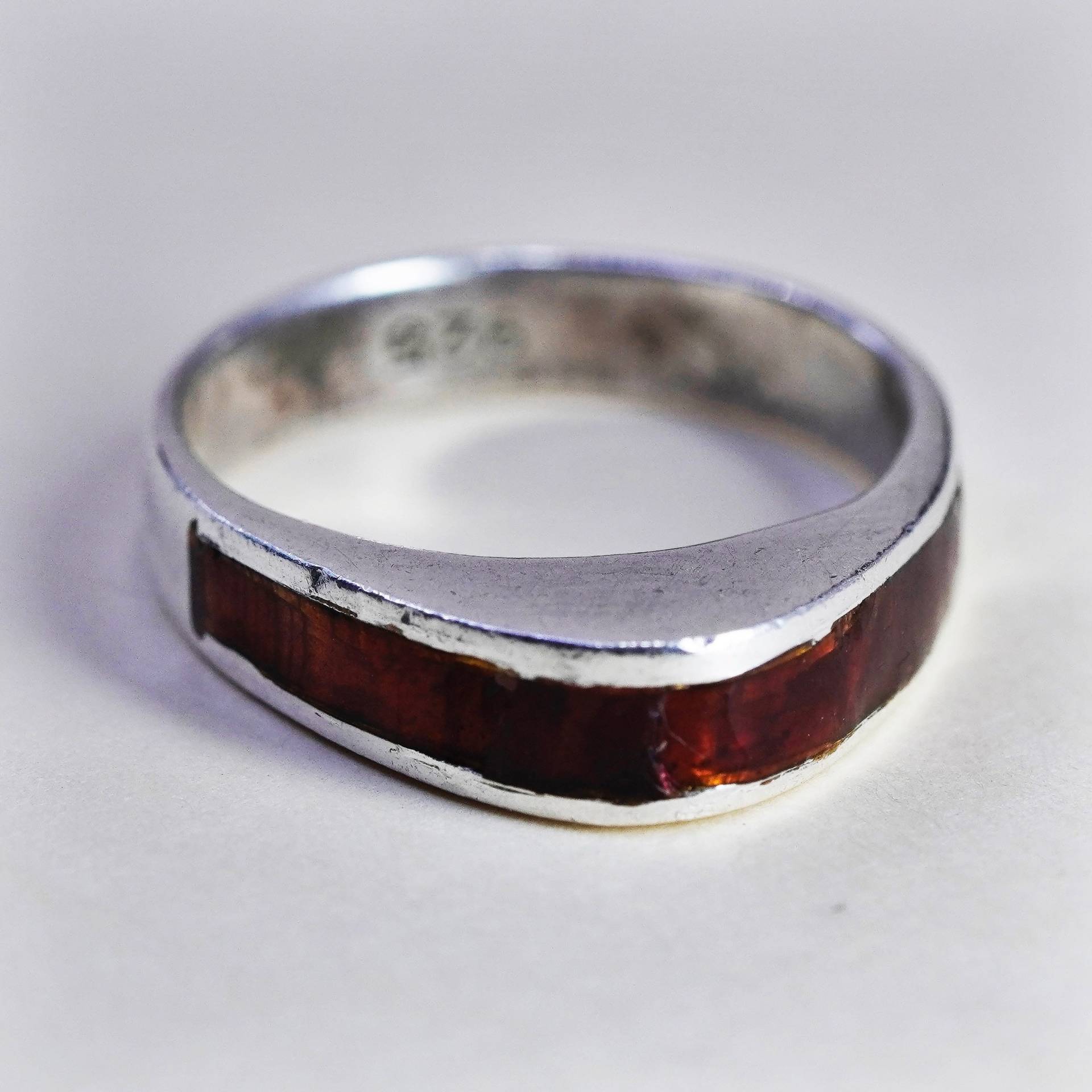 Größe 6.25, Vintage Sterling 925 Silber Handgemachter Bandring Mit Emaille Inlay, Gestempelt von HerasJewel