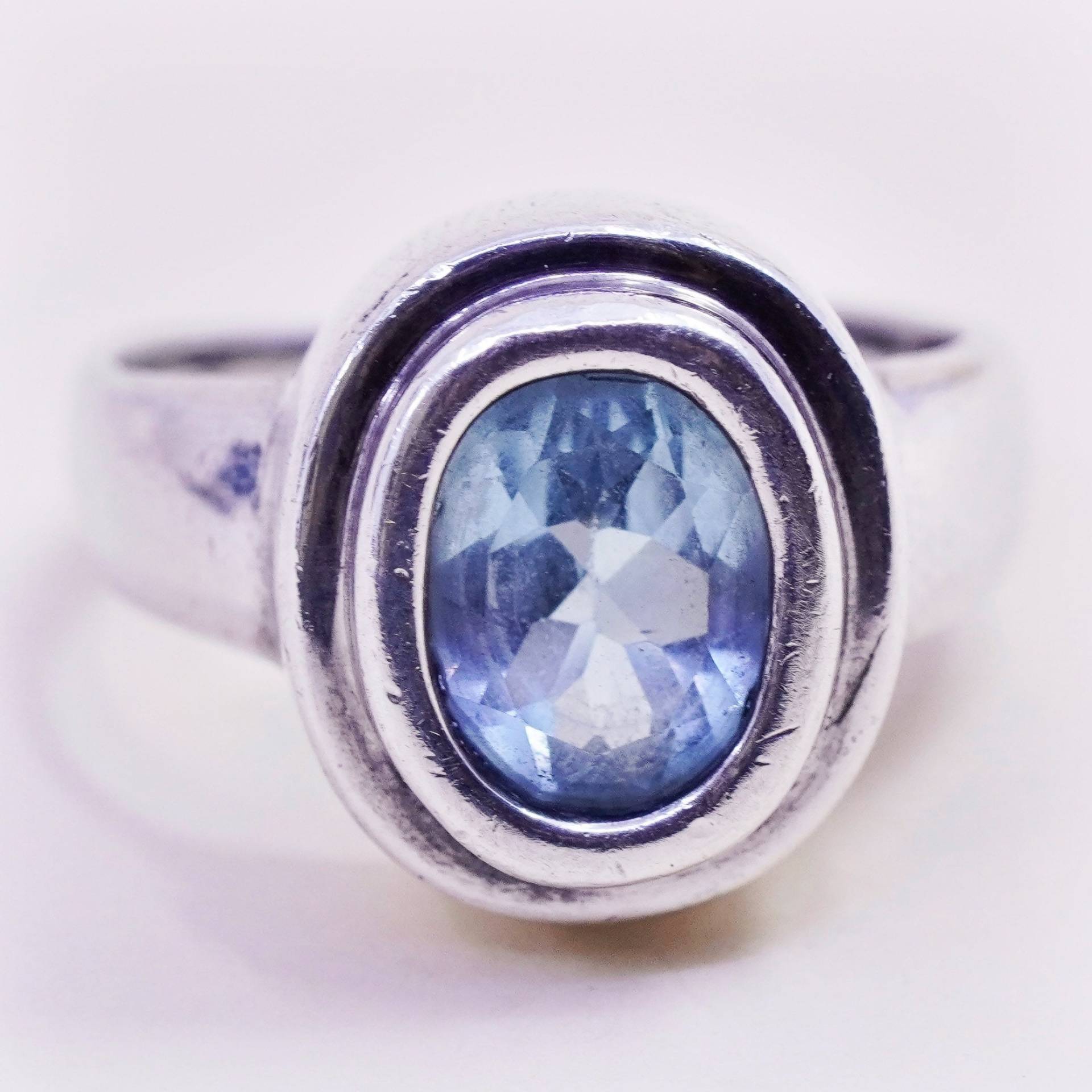 Größe 7, 5, Vintage Sterling Silber Statement Ring, 925 Band Mit Ovalem Blauem Topas, Gestempelt von HerasJewel