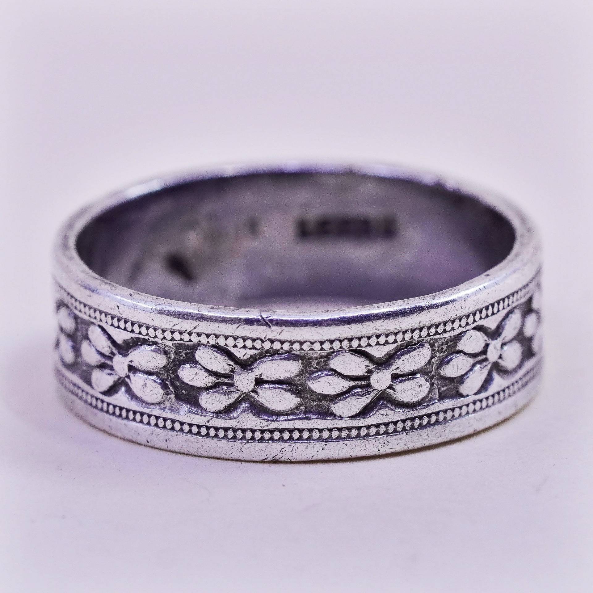 Größe 7.25, Vintage Sterling Silber Handarbeit Ring, 925 Band Mit Blume Und Blättern, Gestempelt von HerasJewel