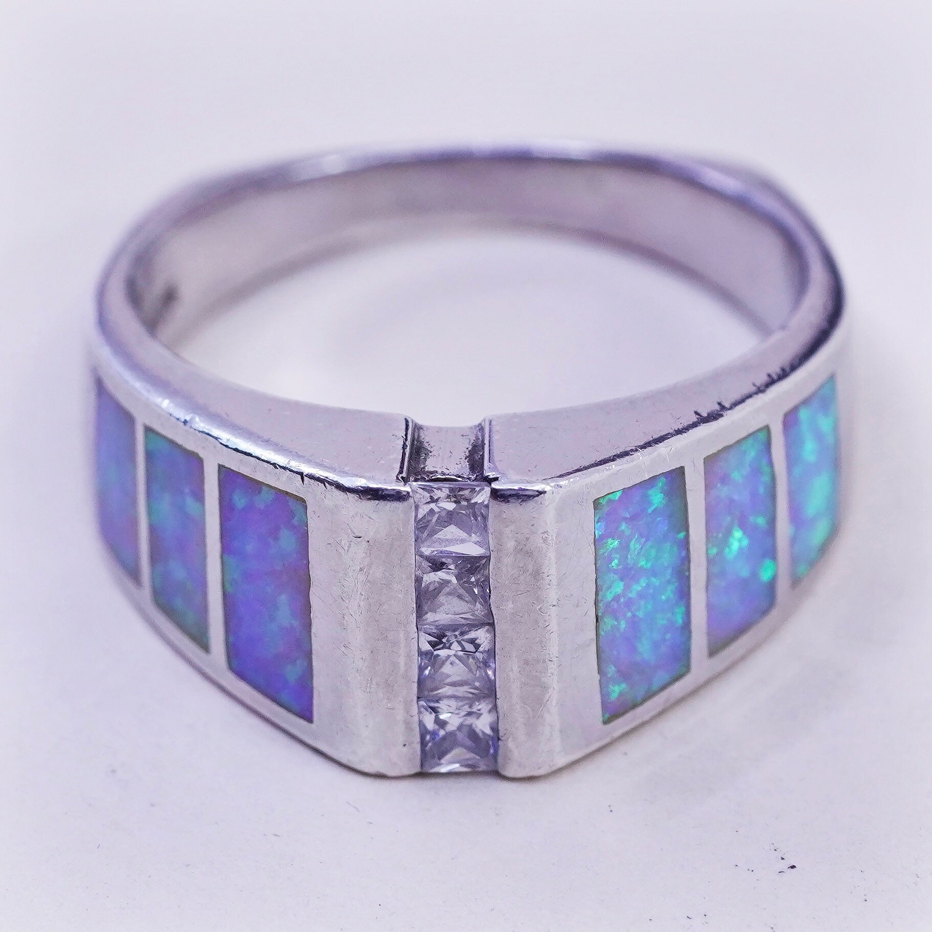 Größe 8, Vintage Sterling Silber Handarbeit Ring, 925 Band Mit Feuer Opal Und Cz, Gestempelt von HerasJewel