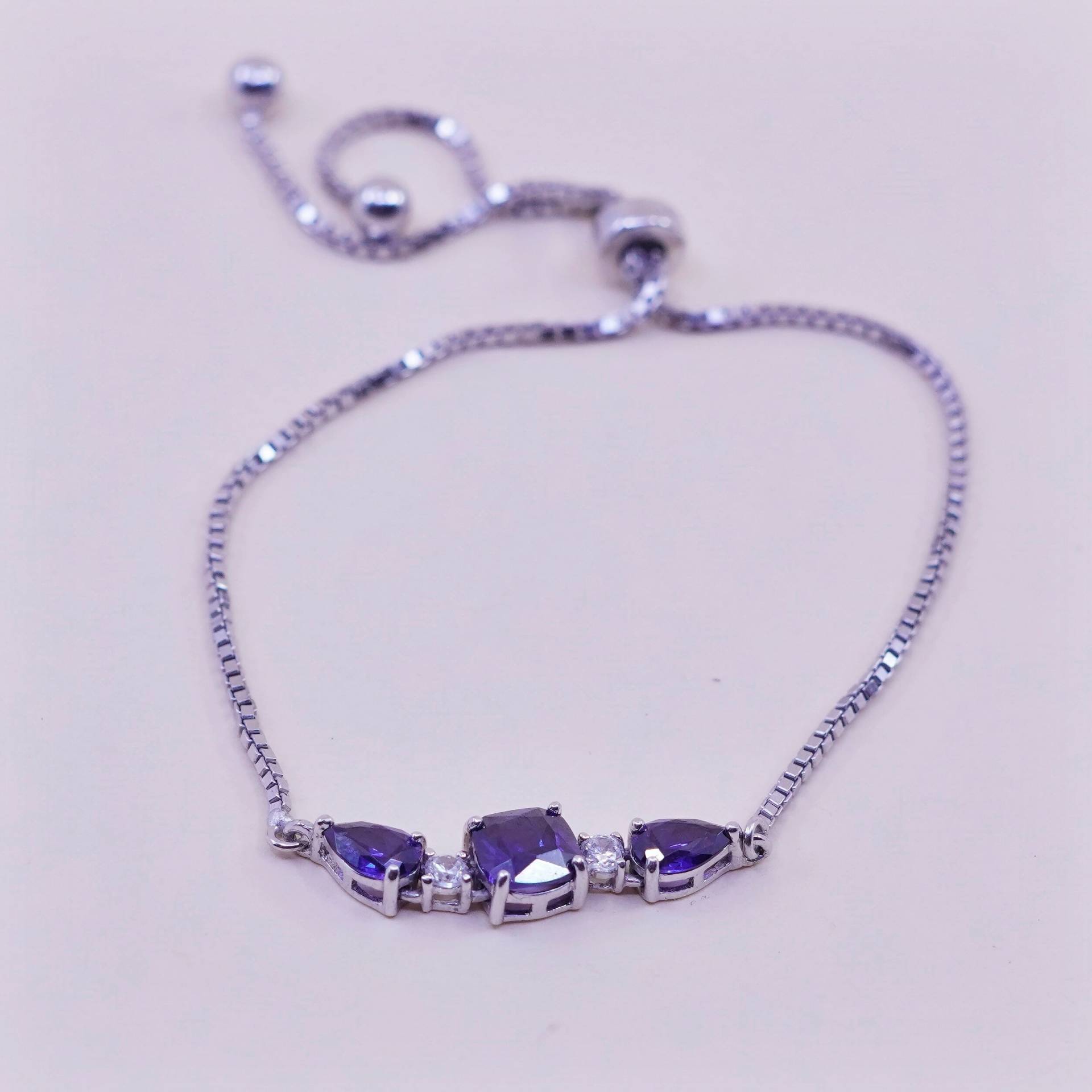 Größe Verstellbar, Vintage Sterling Silber Armband, 925 Box Kette Mit Amethyst, Gestempelt von HerasJewel