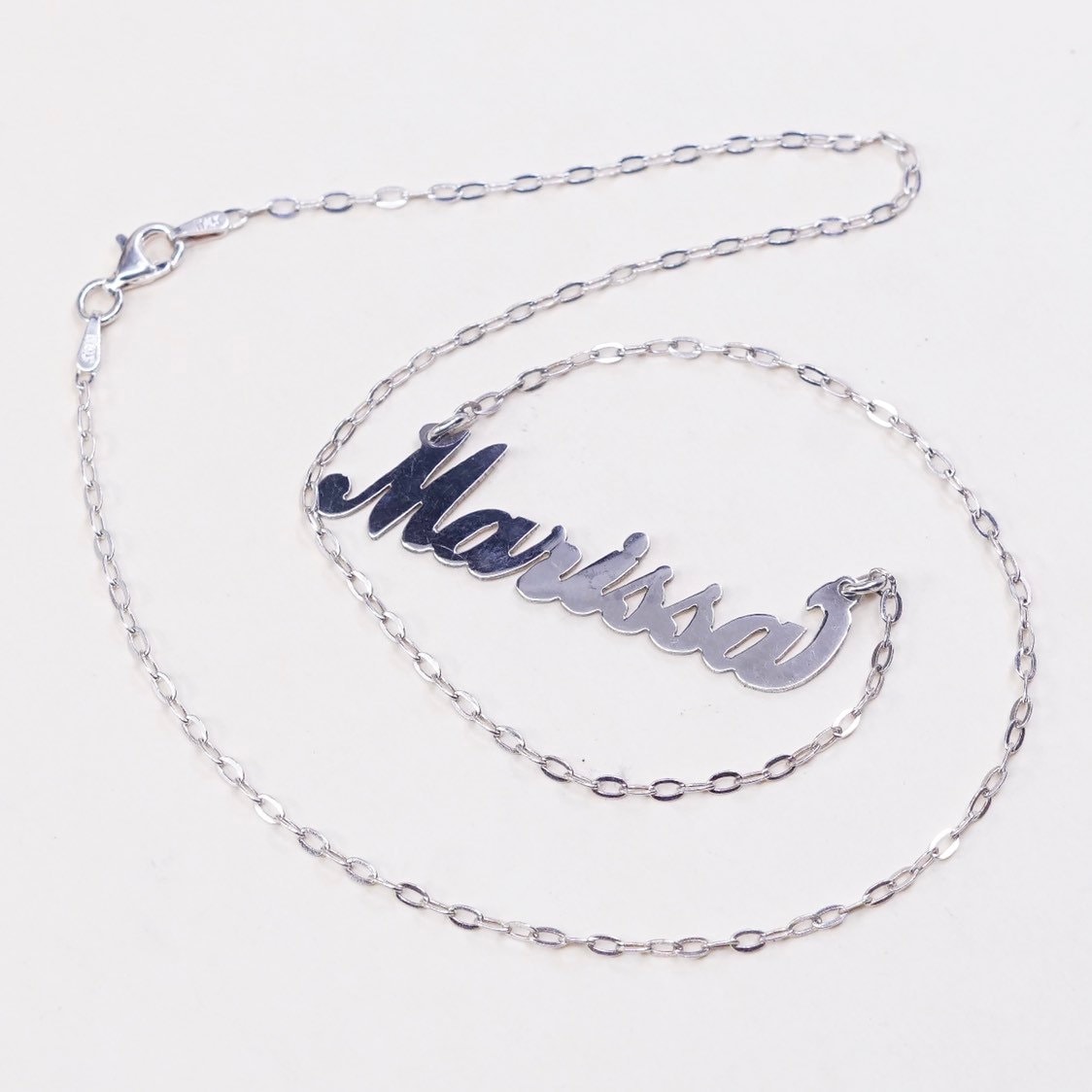 Handgemachte 40 cm Lange Vintage Sterling Silber Kette, Flache Kreiskette Mit Marissal Anhänger, Namenskette, Gestempelt 925 von HerasJewel