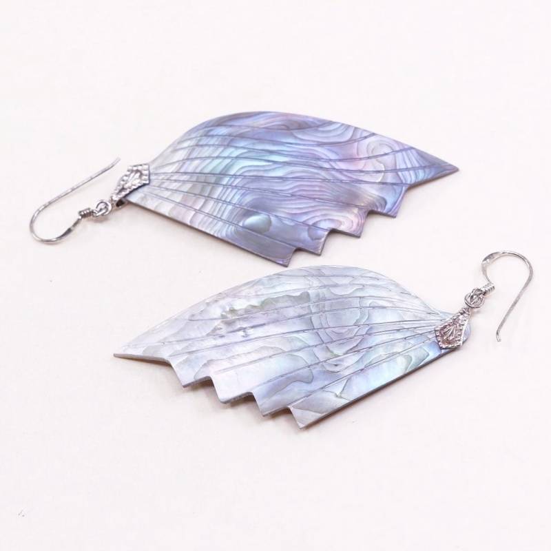 Vintage | 000019 Sterling Silber Handgemachte Ohrringe, 925 Haken Mit Flügelförmigen Abalone Baumeln, Gestempelt von HerasJewel