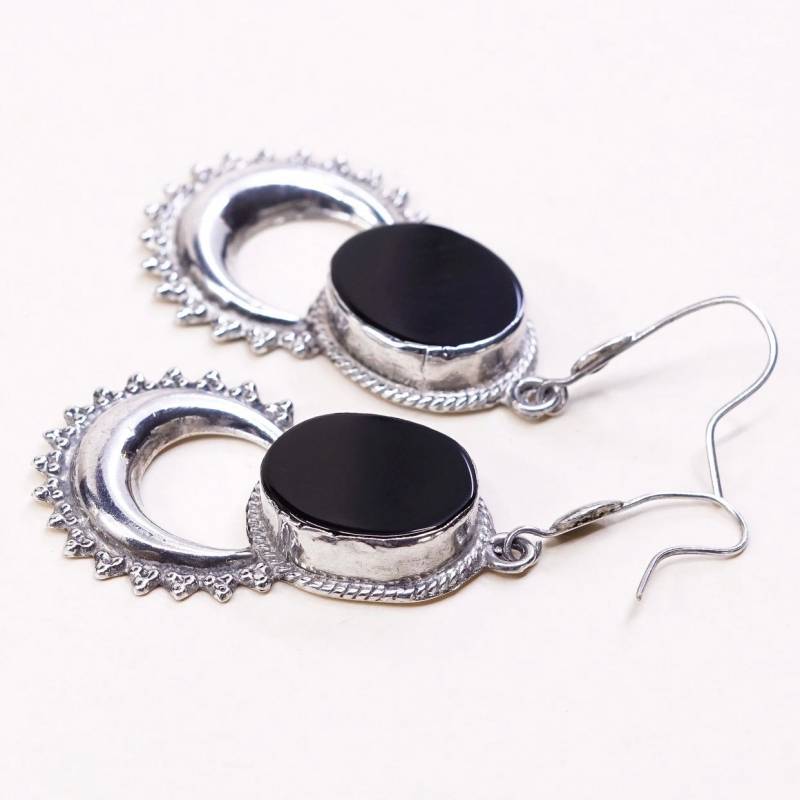 Vintage | 000031 Sterling Silber Handgemachte Ohrringe, 925 Silbertropfen Mit Obsidian Und Perlen Rund, Gestempelt von HerasJewel