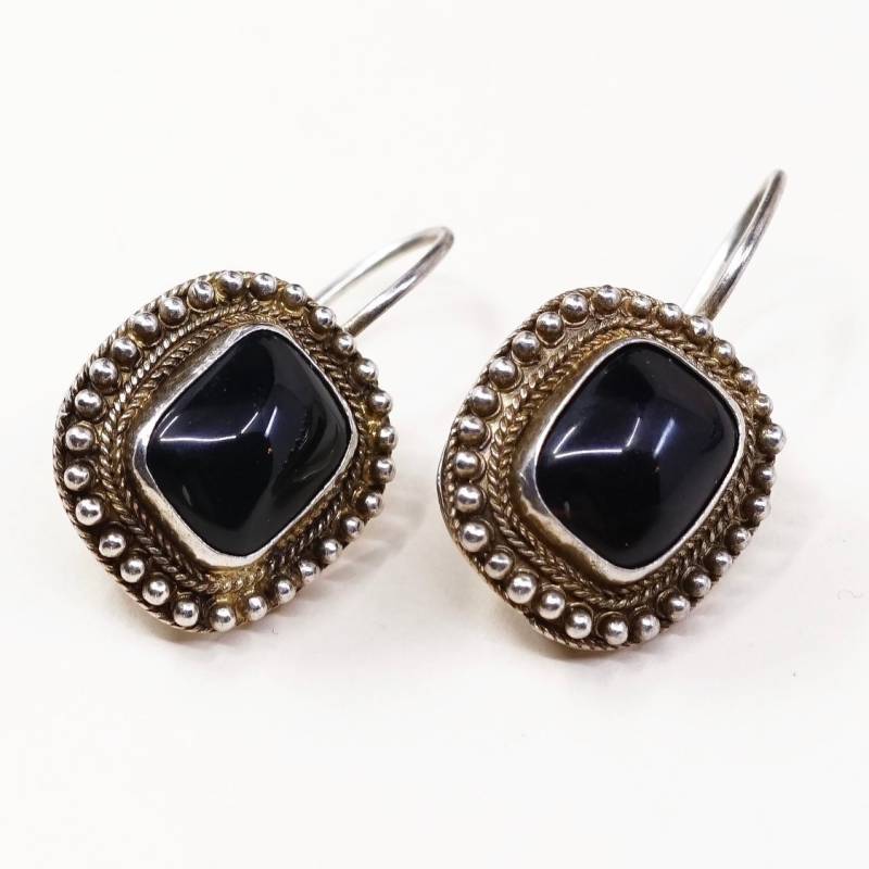 Vintage | 000043 Gold Über Sterling Silber Handgemachte Ohrringe, 925 Silbertropfen Mit Obsidian Und Perlen Rund, Gestempelt China von HerasJewel