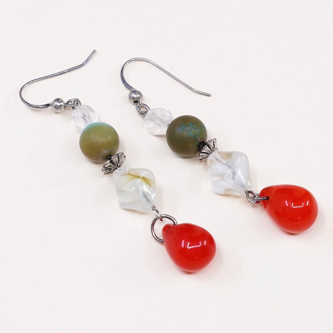 Vintage | 000411 Sterling Silber Handgemachte Ohrringe, Massives 925 Mit Türkis Und Tropfenrotem Glas, Gestempelt von HerasJewel