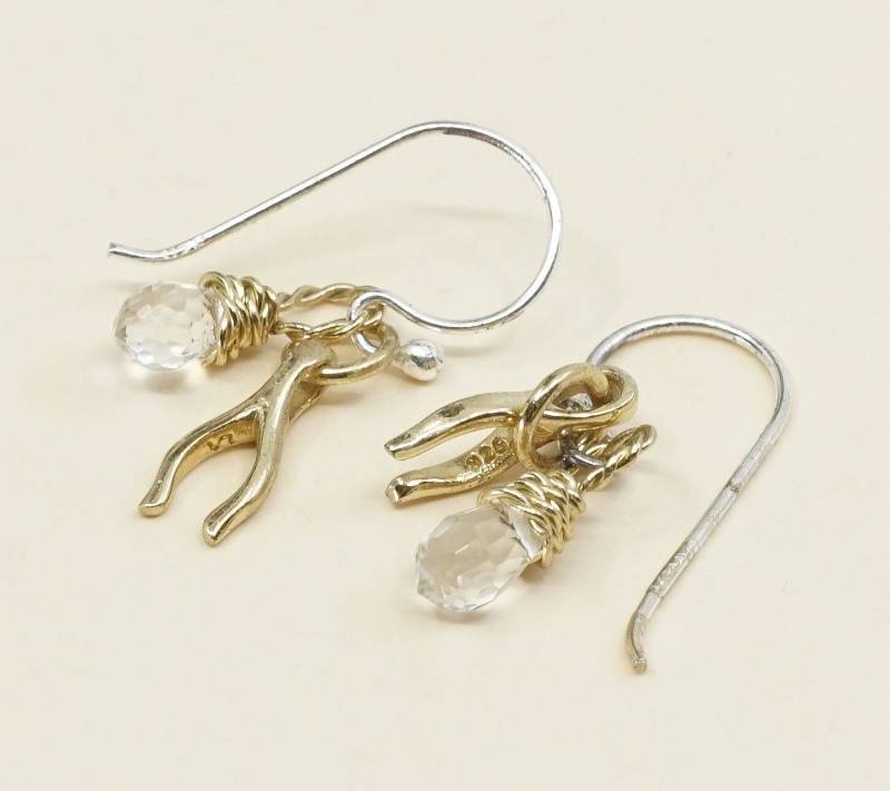 Vintage | 000466 Zweifarbige Sterling Silber Handgemachte Ohrringe, Massive 925 Baumeln Mit Tropfenförmigem Kristall, Gestempelt von HerasJewel