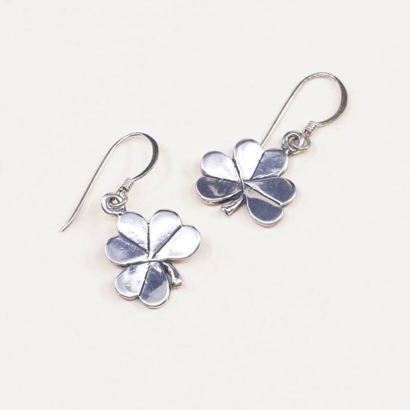 Vintage | 000512 Sterling Silber Handgemachte Ohrringe, Feine 925 Kleeblatt Baumeln, Gestempelt Signiert von HerasJewel