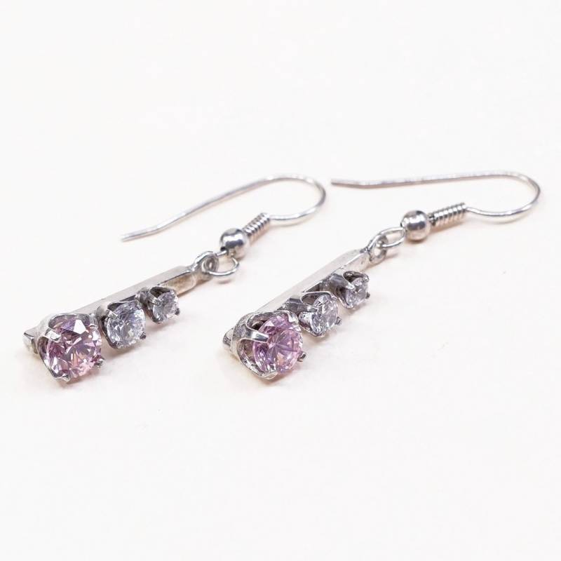 Vintage | 000699 Sterling Silber Handgemachte Ohrringe, Massives 925 Mit Rosa Kristall, Silber Geprüft von HerasJewel