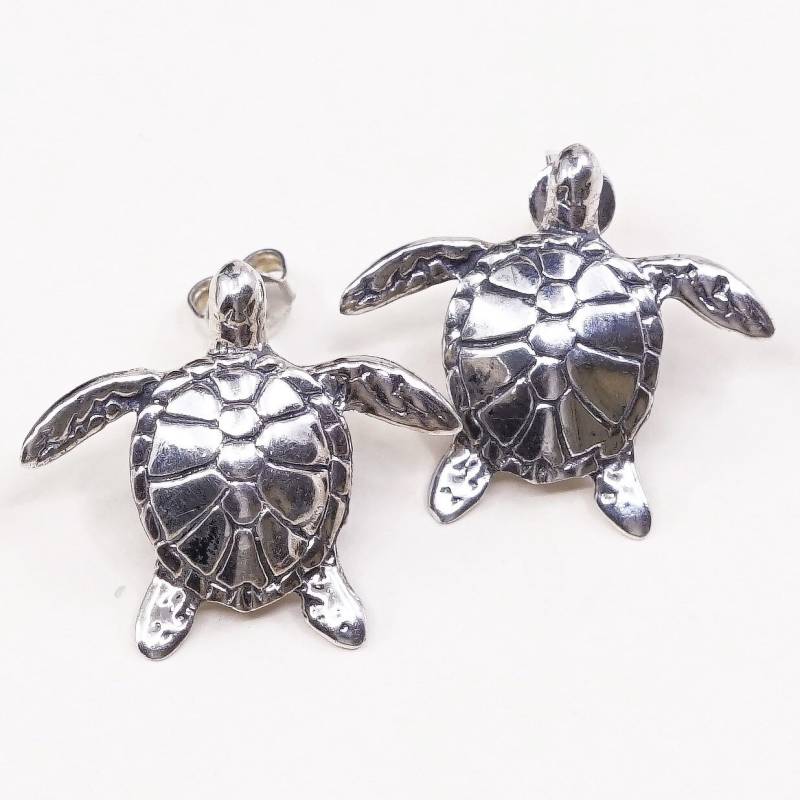 Vintage | 000796 Handgefertigte Sterling Silber Schildkröte Ohrstecker, Ohrringe, Gestempelt 925 von HerasJewel