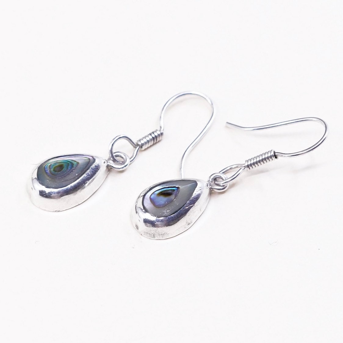 Vintage | 000813 Sterling Silber Handgefertigte Tropfenförmige Ohrringe, Mexico 925 Mit Abalone-Inlay, Gestempelt von HerasJewel