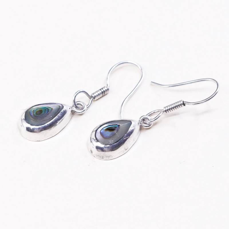 Vintage | 000813 Sterling Silber Handgefertigte Tropfenförmige Ohrringe, Mexico 925 Mit Abalone-Inlay, Gestempelt von HerasJewel