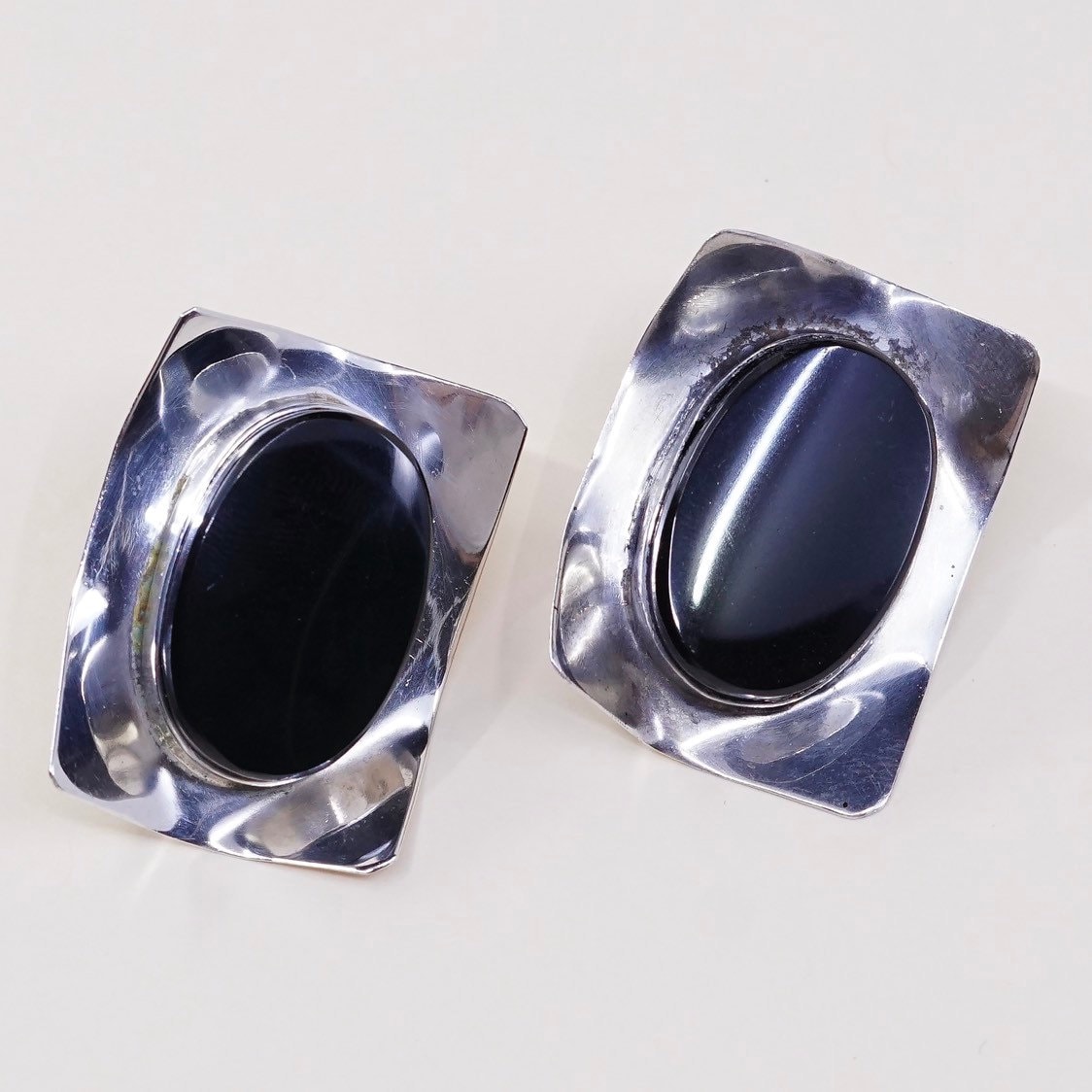 Vintage | 000830 Sterling Silber Handgemachte Ohrringe, Southwestern Mexico 925 Ohrstecker Mit Oval Geformten Obsidian, Gestempelt Mexiko Ta-93 von HerasJewel