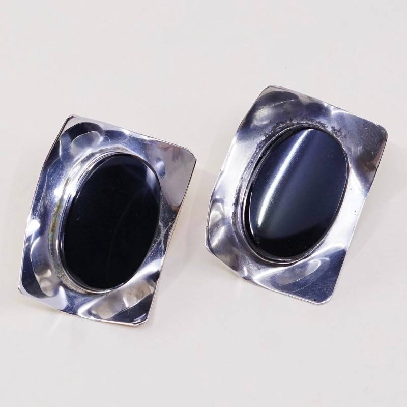Vintage | 000830 Sterling Silber Handgemachte Ohrringe, Southwestern Mexico 925 Ohrstecker Mit Oval Geformten Obsidian, Gestempelt Mexiko Ta-93 von HerasJewel