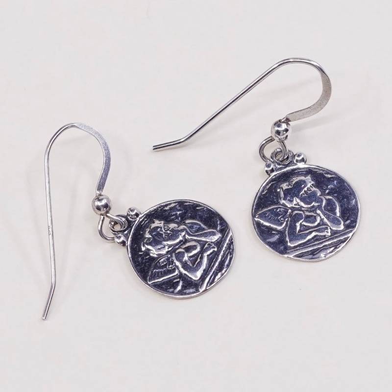 Vintage | 000843 Sterlingsilber Handgemachte Ohrringe, 925 Silber Verdrahtet Engelsanhänger, Gestempelt von HerasJewel
