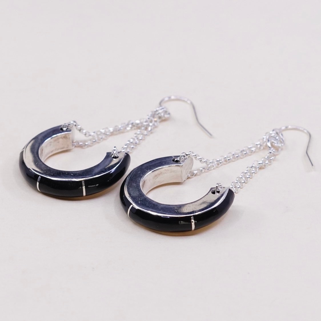 Vintage | 000856 Sterling Silber Handgemachte Ohrringe, 925 Mit Kreisförmigen Baumeln Obsidian Inlay, Elegant, Schlicht, Gestempelt von HerasJewel