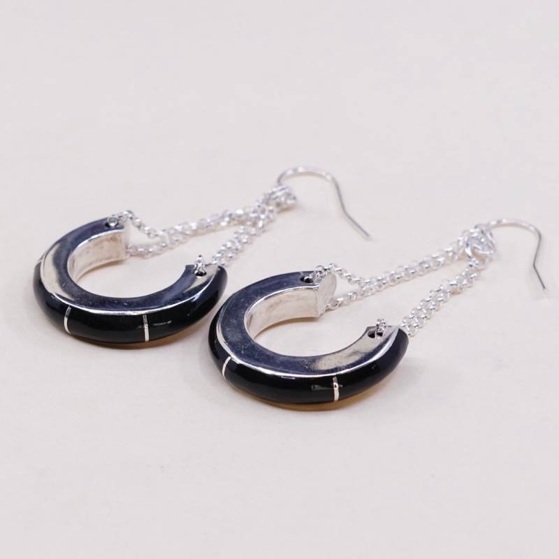 Vintage | 000856 Sterling Silber Handgemachte Ohrringe, 925 Mit Kreisförmigen Baumeln Obsidian Inlay, Elegant, Schlicht, Gestempelt von HerasJewel