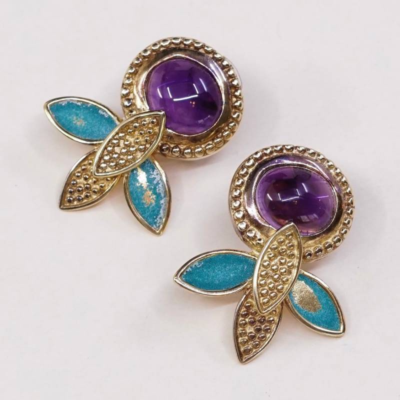 Vintage | 000886 Mma Metropolitan Museum Art Wag Gold Über 925 Silber Emaille Amethyst Blumen Ohrring, Gestempelt Sterling von HerasJewel