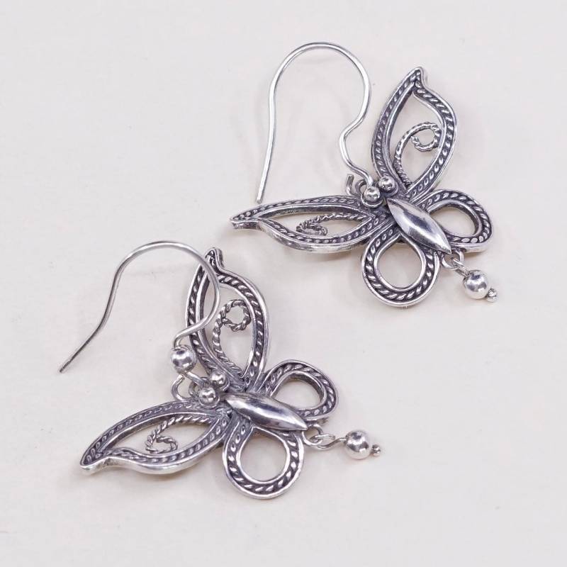 Vintage | 000920 Sterling Silber Handgemachte Ohrringe, 925 Schmetterling Mit Perlen Baumeln, Gestempelt Bj China von HerasJewel