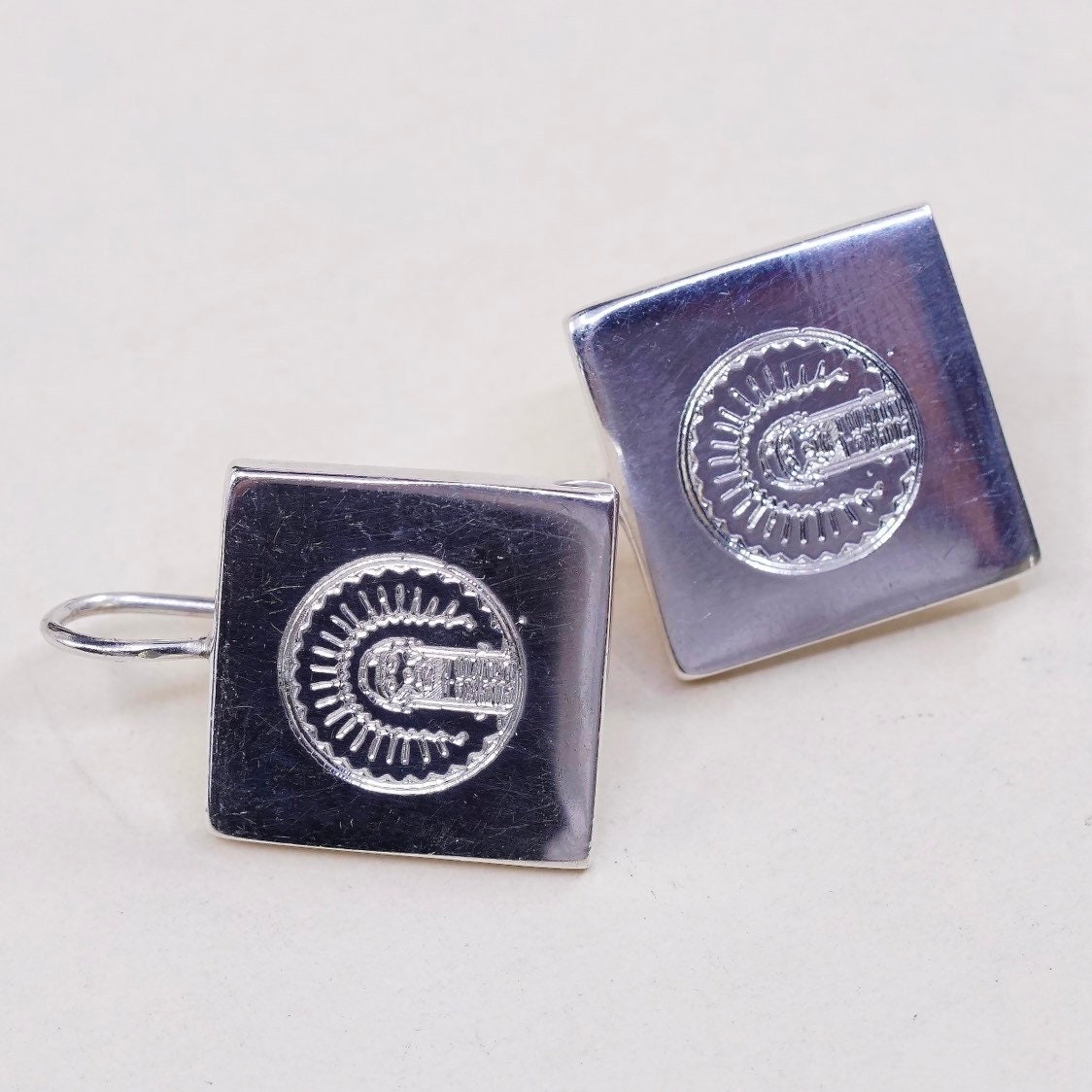 Vintage | 000993 Sterling Silber Handgemachte Ohrringe, Massive Mexiko 925 Viereck Baumeln Mit Laser Graviert, Gestempelt von HerasJewel