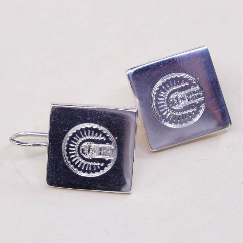 Vintage | 000993 Sterling Silber Handgemachte Ohrringe, Massive Mexiko 925 Viereck Baumeln Mit Laser Graviert, Gestempelt von HerasJewel