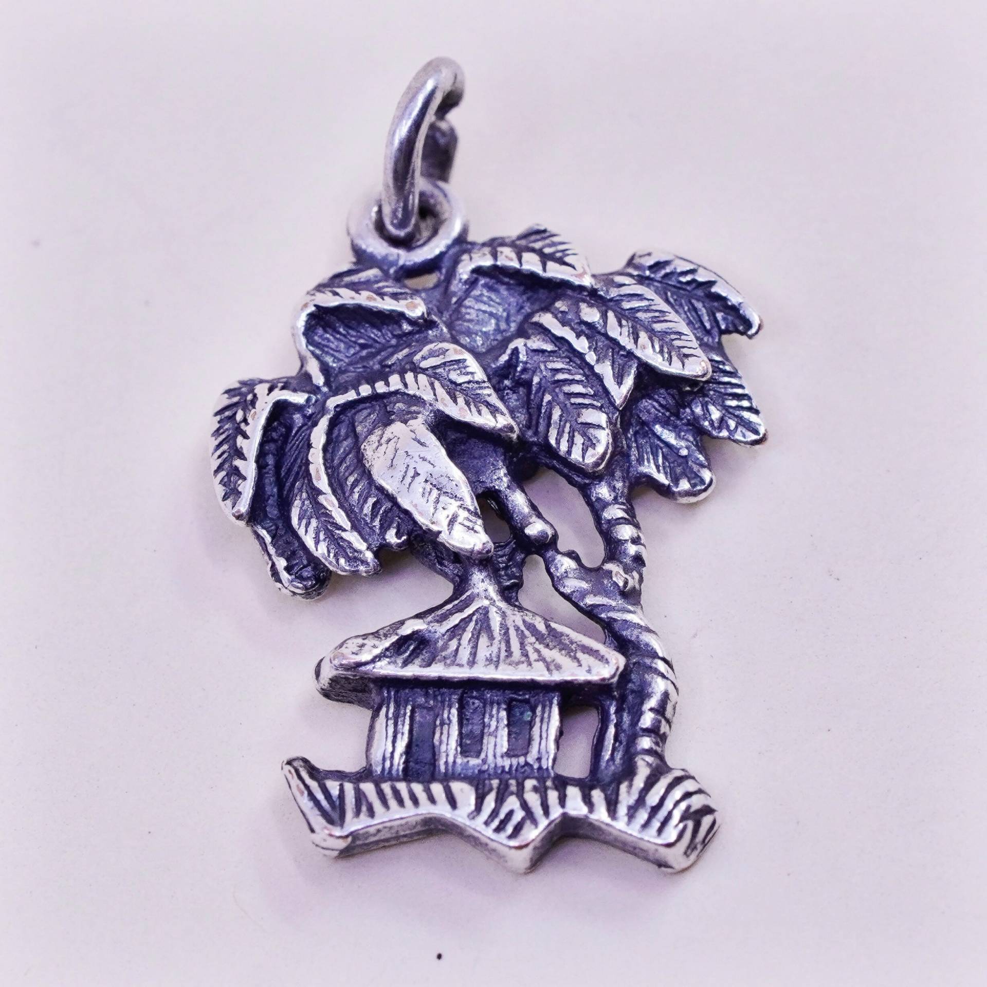 Vintage 925Er Silber Ferienhaus Charm Und Palme, Anhänger, Silber Geprüft von HerasJewel