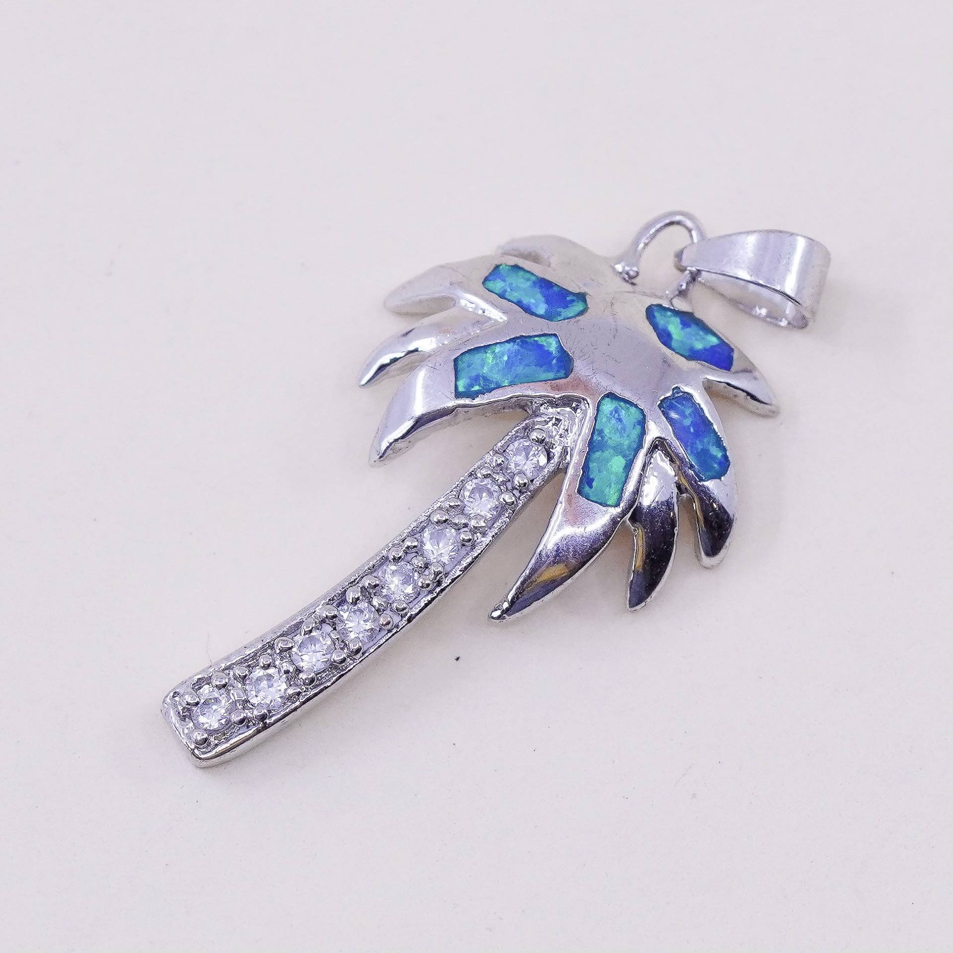 Vintage Sterling 925 Silber Handarbeit Palmen Anhänger Mit Opal Und Cz, Gestempelt von HerasJewel