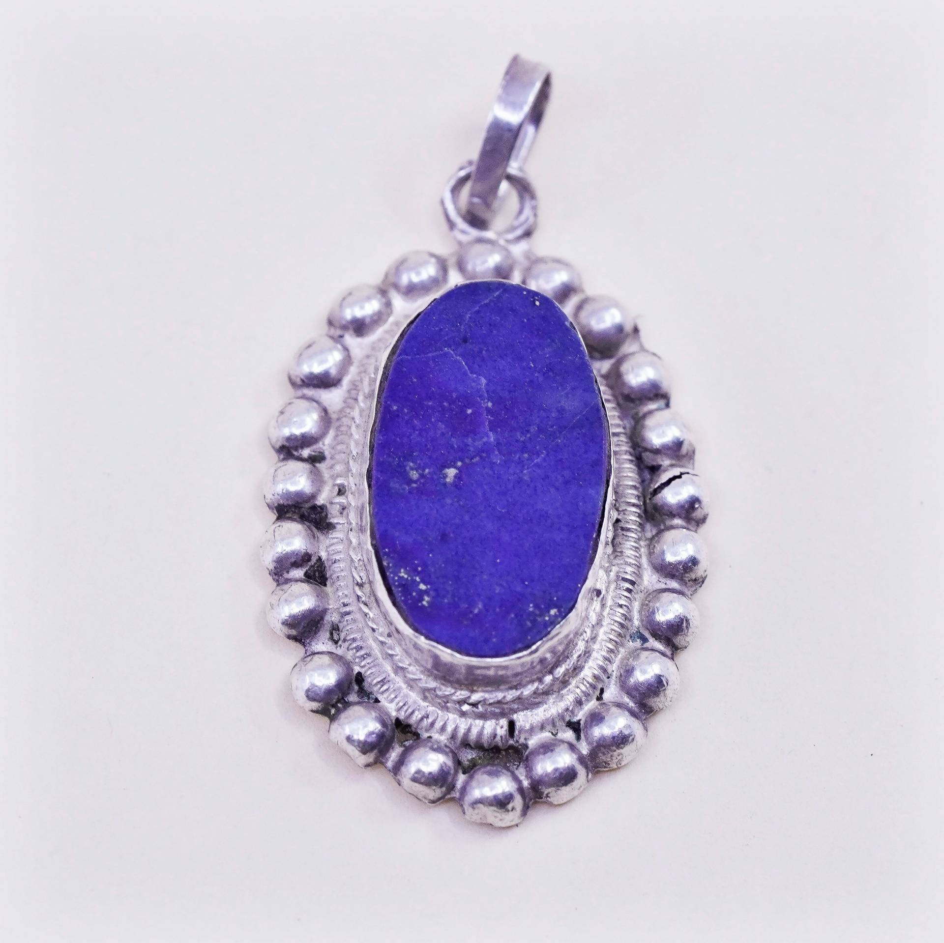 Vintage Sterling 925 Silber Handgefertigter Anhänger Mit Ovalen Lapislazuli Und Perlen Rund, Silber Geprüft von HerasJewel