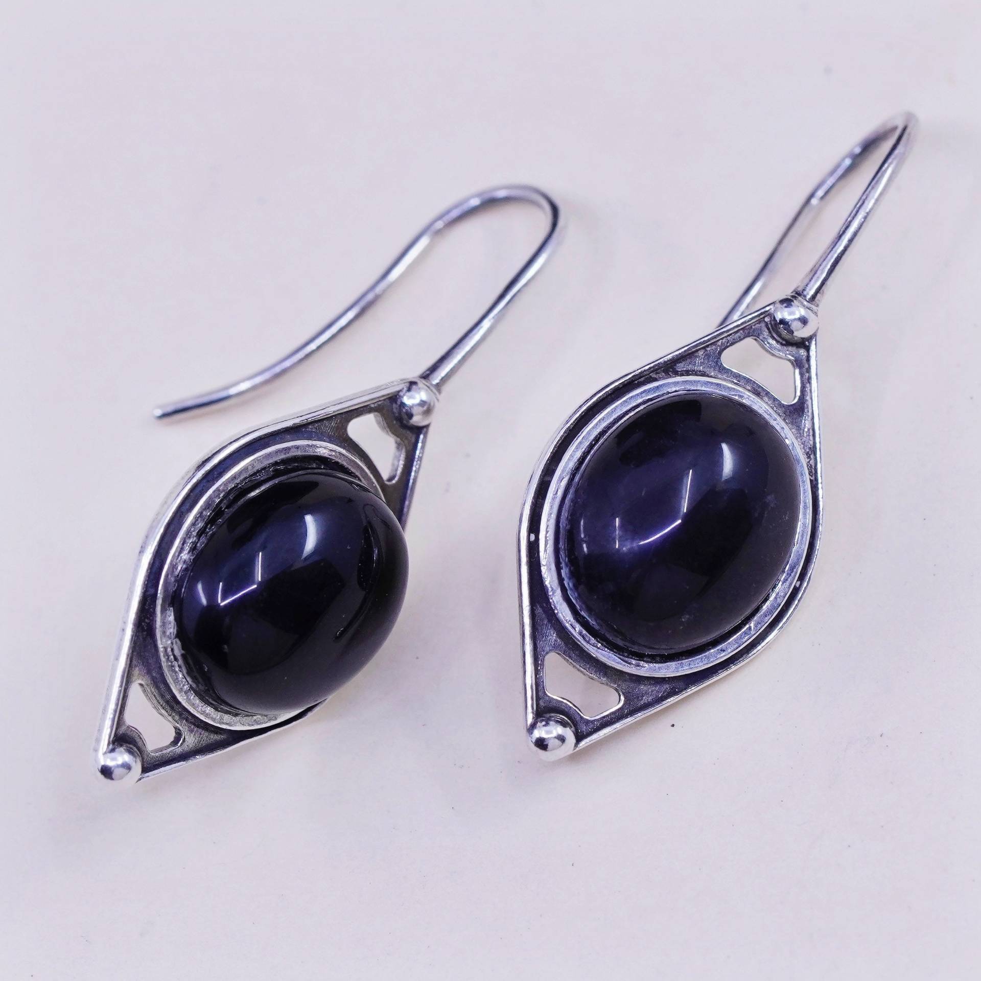 Vintage Sterling 925 Silber Handgemachte Ohrringe Mit Ovalen Obsidian, Elegant, Schlicht, Gestempelt von HerasJewel