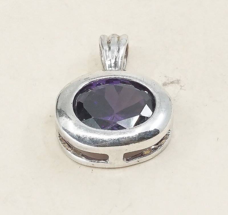Vintage Sterling Silber Anhänger, 925 Oval Amethyst, Glänzend von HerasJewel