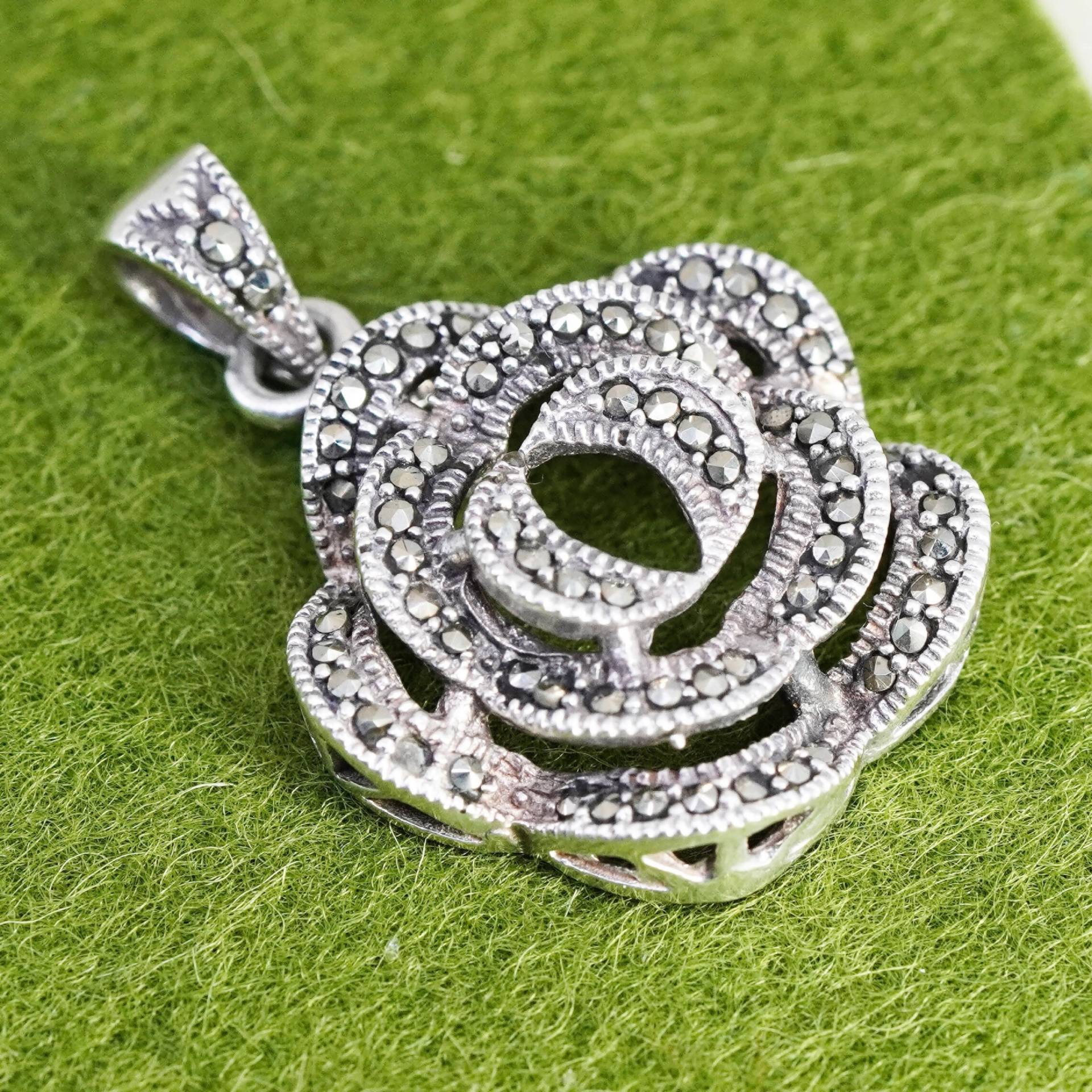 Vintage Sterling Silber Anhänger, 925 Rosenblume Mit Markasite, Gestempelt von HerasJewel