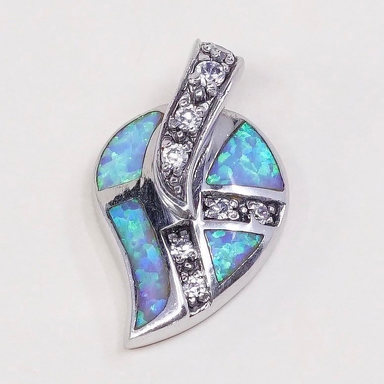 Vintage Sterling Silber Handgefertigte Anhänger, Mexiko 925 Herz Mit Opal Inlay Und Cz, Gestempelt von HerasJewel