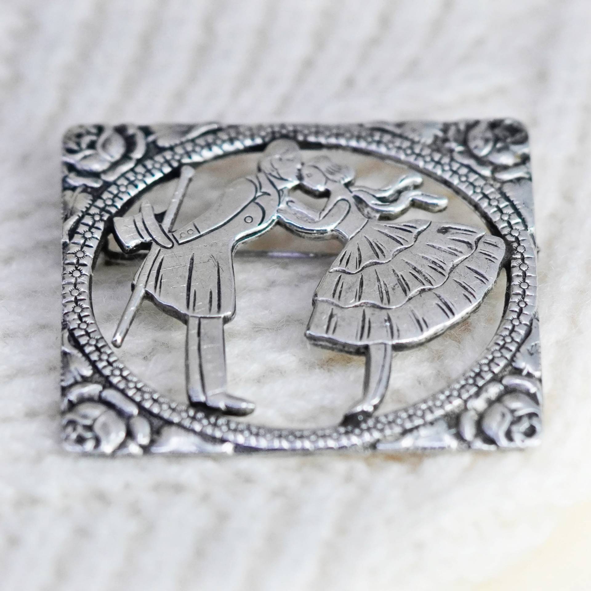 Vintage Sterling Silber Handgemachte Brosche, 925 Liebespaar Valentinstag Pin, Gestempelt von HerasJewel