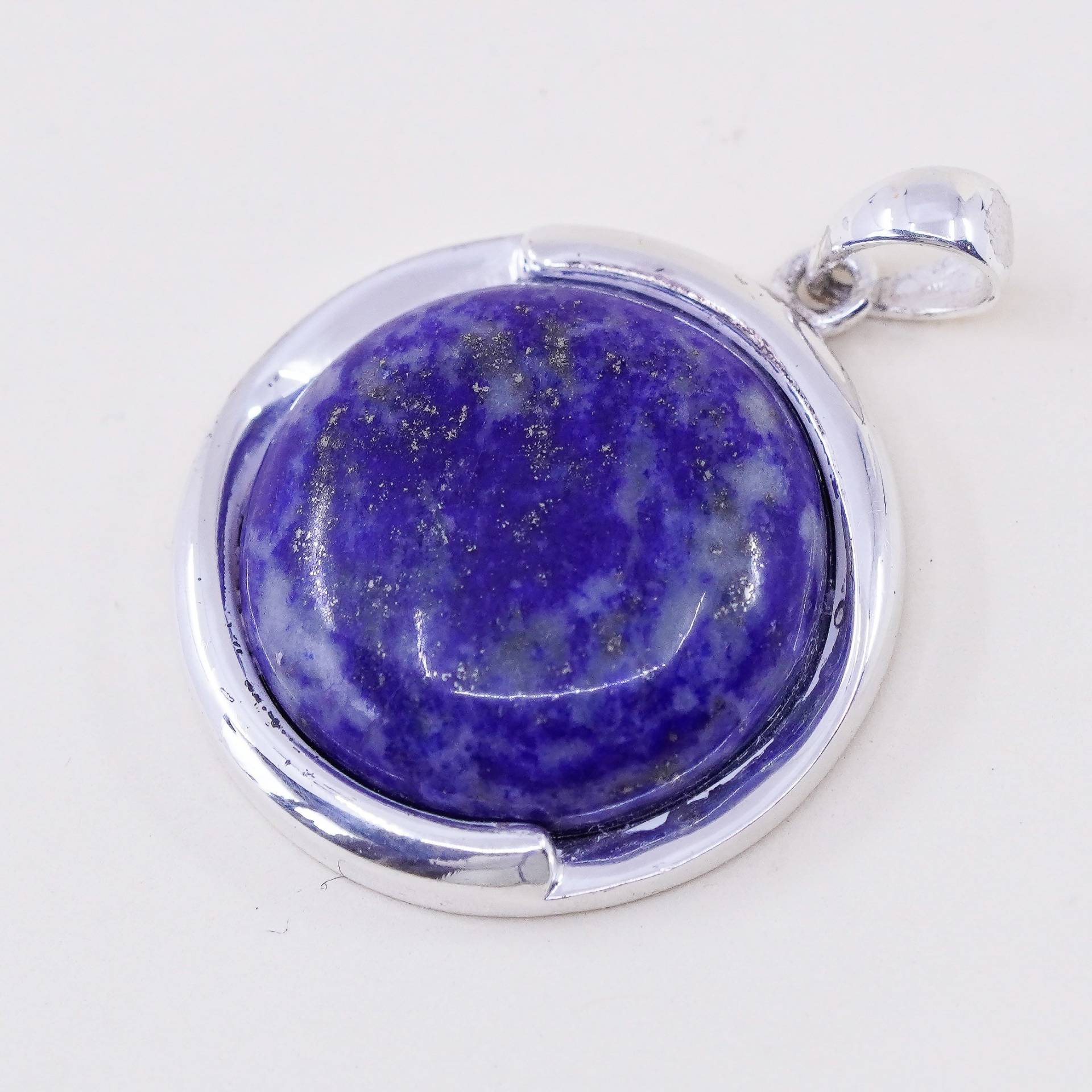 Vintage Sterling Silber Handgemachter Anhänger, 925 Kreis Mit Runden Lapislazuli, Gestempelt von HerasJewel