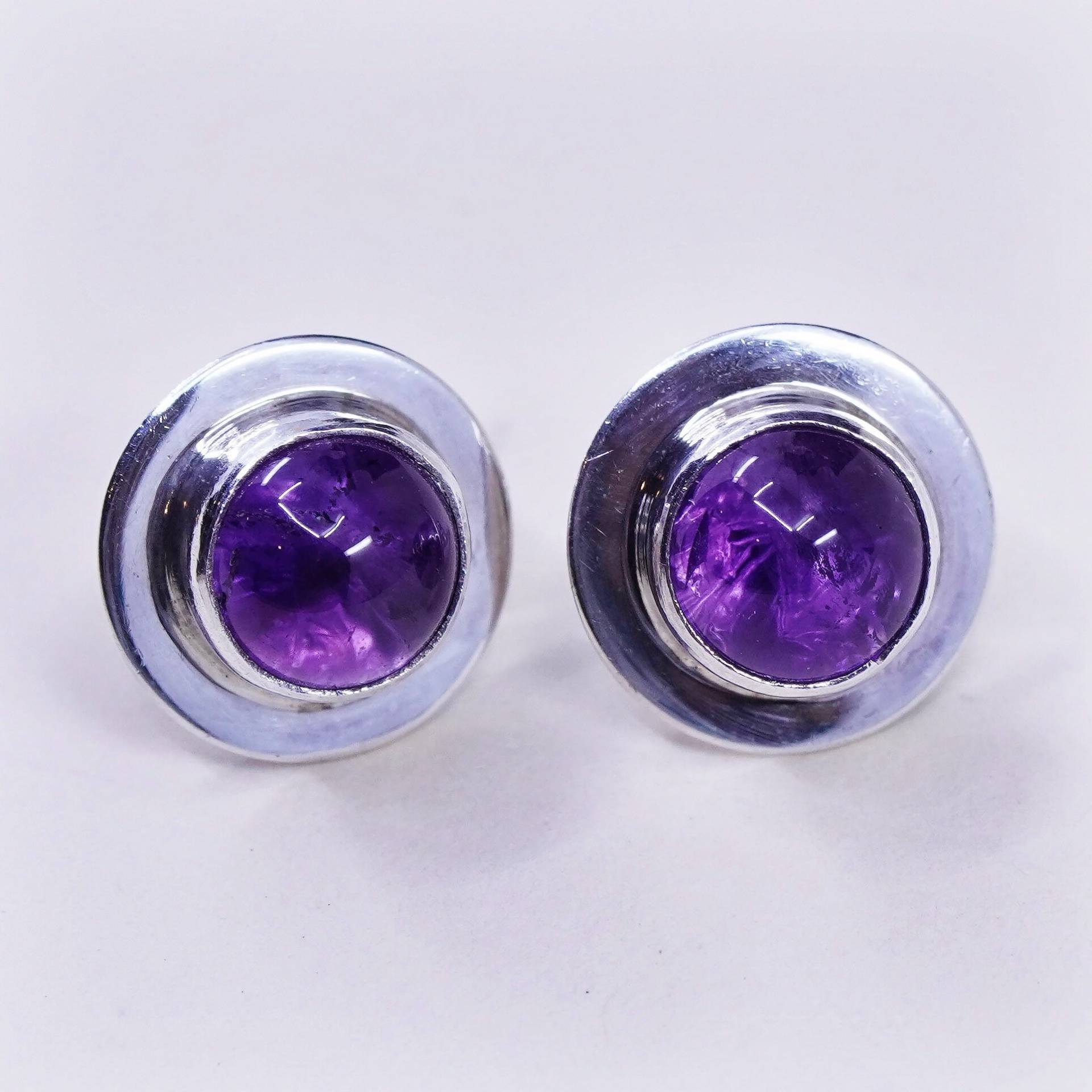 Vintage Sterling Silber Ohrringe, 925 Ohrstecker Mit Runder Amethyst, Gestempelt von HerasJewel