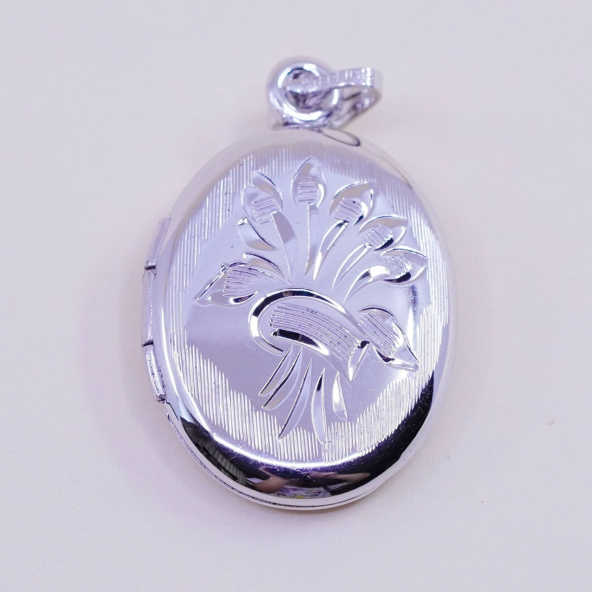 Vintage Sterling Silber Oval Anhänger, 925 Floral Strukturiert Handgemacht Foto Medillon Charm, Gestempelt von HerasJewel