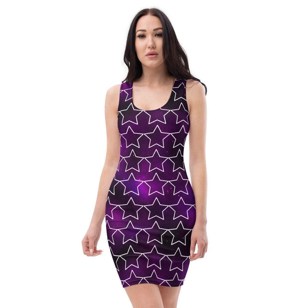 Sterne Auf Sternen | Deep Space Weiße Über Lila Kosmos Magic Universe Galaxy Print Damen Bodycon Kleid | Xs S M L Xl von HerbAndMagic