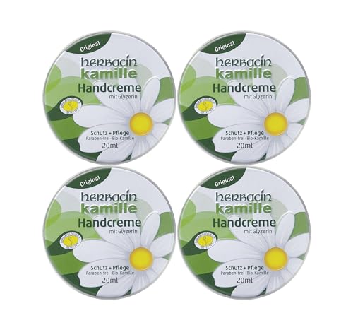 Herbacin Kamille Handcreme Original - 4 Dosen á 20ml - Pflegt und schützt strapazierte Hände mit Kamillenblüten-Extrakt und Glyzerin - Schnell einziehend und ohne Fettfilm - Dermatologisch getestet. von Herbacin