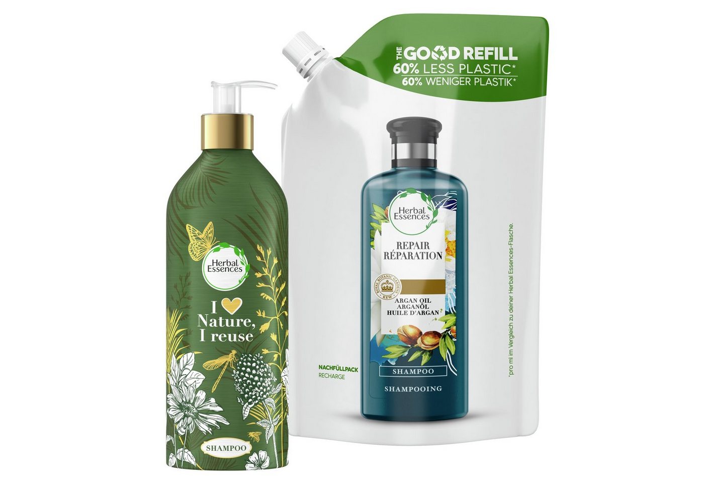 Herbal Essences Haarshampoo Repair Starter-Set - Nachfüllbare Aluminiumflasche + Nachfüllpack - 910 ml von Herbal Essences