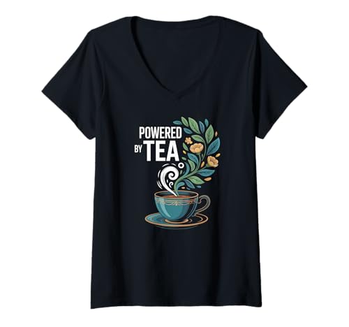 Damen Angetrieben von Tea Botanical Brew Enthusiast T-Shirt mit V-Ausschnitt Damen Angetrieben von Tea Botanical Brew Enthusiast T-Shirt mit V-Ausschnitt von Herbal Infusion Enthusiast Expressions