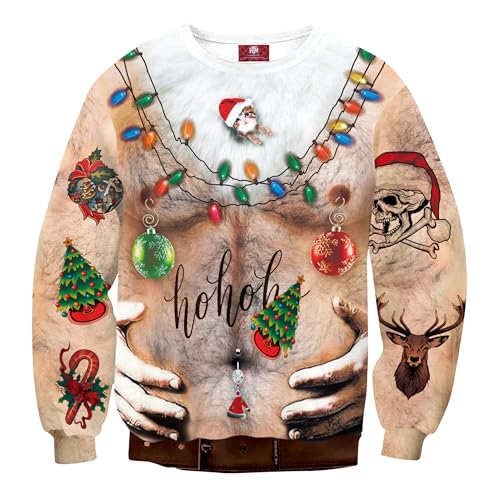 Herberton Hässliche Weihnachtspullover Herren Lustiger Urlaubspullover Sweater 3D-Grafikdruck Klebriger Pullover Erwachsene Blau Brust M von Herberton