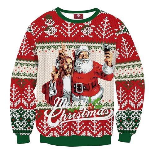 Herberton Hässliche Weihnachtspullover Herren Lustiger Urlaubspullover Unisex Sweater 3D-Grafikdruck Klebriger Pullover Rot XXL von Herberton