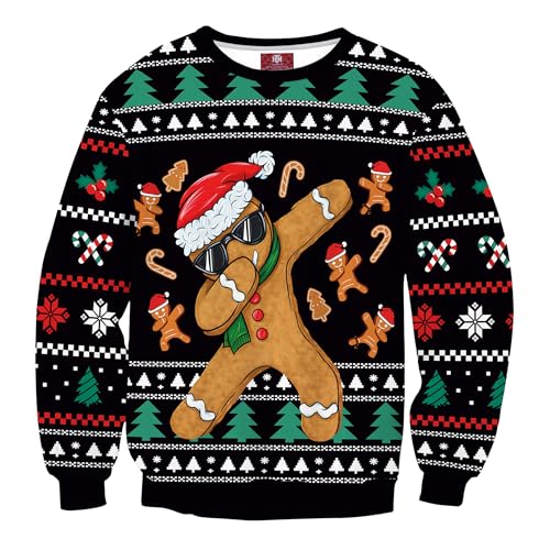 Herberton Hässliche Weihnachtspullover Herren Unisex Sweater 3D-Grafikdruck Lustiger Klebriger Pullover Urlaubspullover Schwarz XXL von Herberton